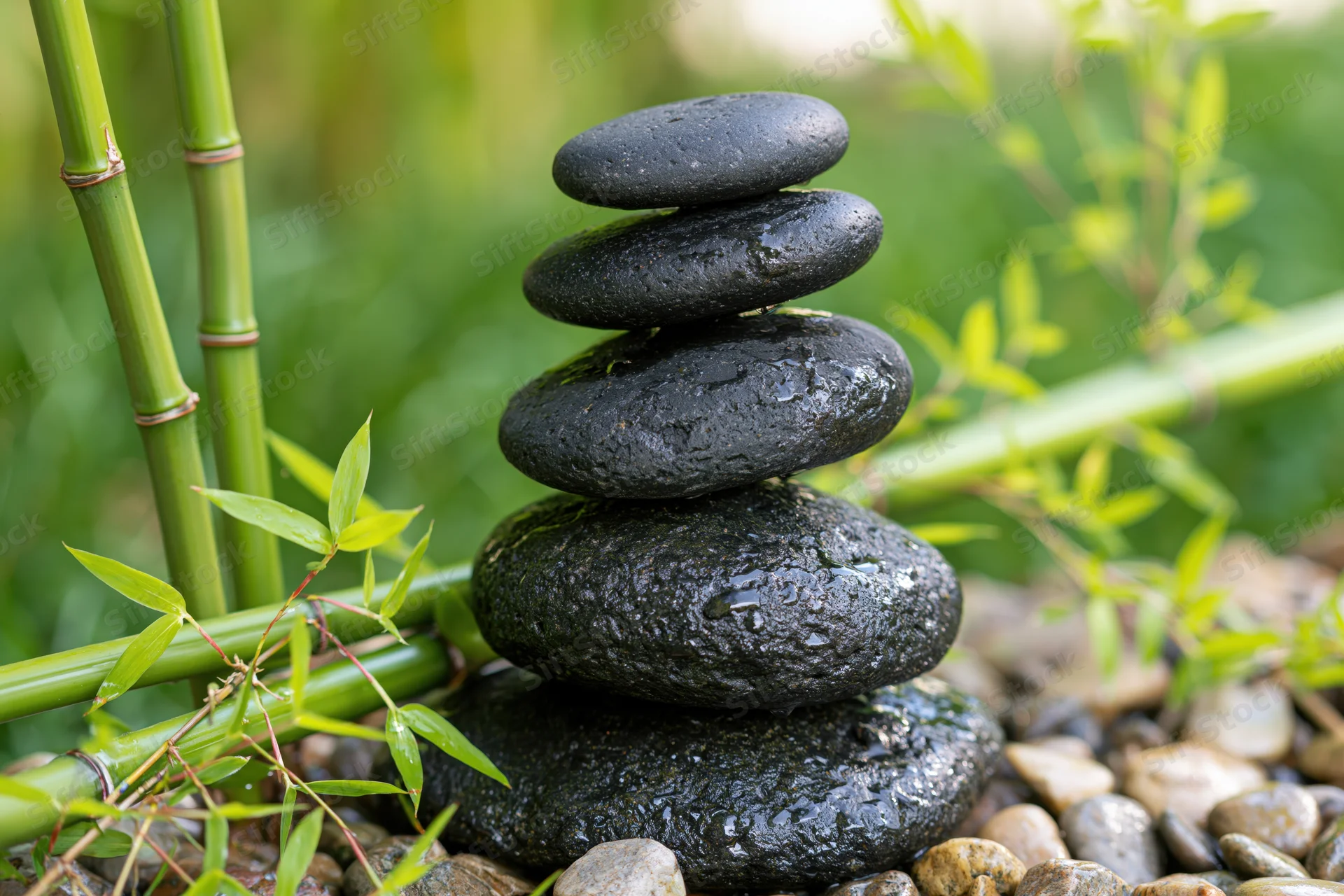 Stack of smooth black basalt stones balanced in a garden with bamboo and green foliage
