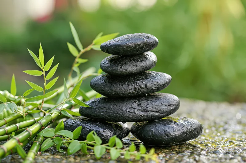Stack of smooth black basalt stones balanced beside green bamboo leaves on a mossy rock surface