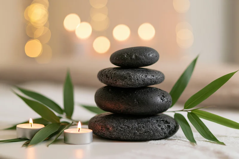 Stack of smooth black stones balanced on white surface with bamboo leaves and lit candles, soft bokeh lights in background