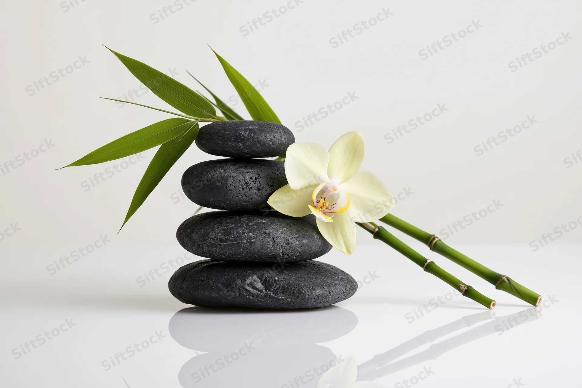 Stack of smooth dark grey basalt stones with bamboo and white orchid on reflective white surface
