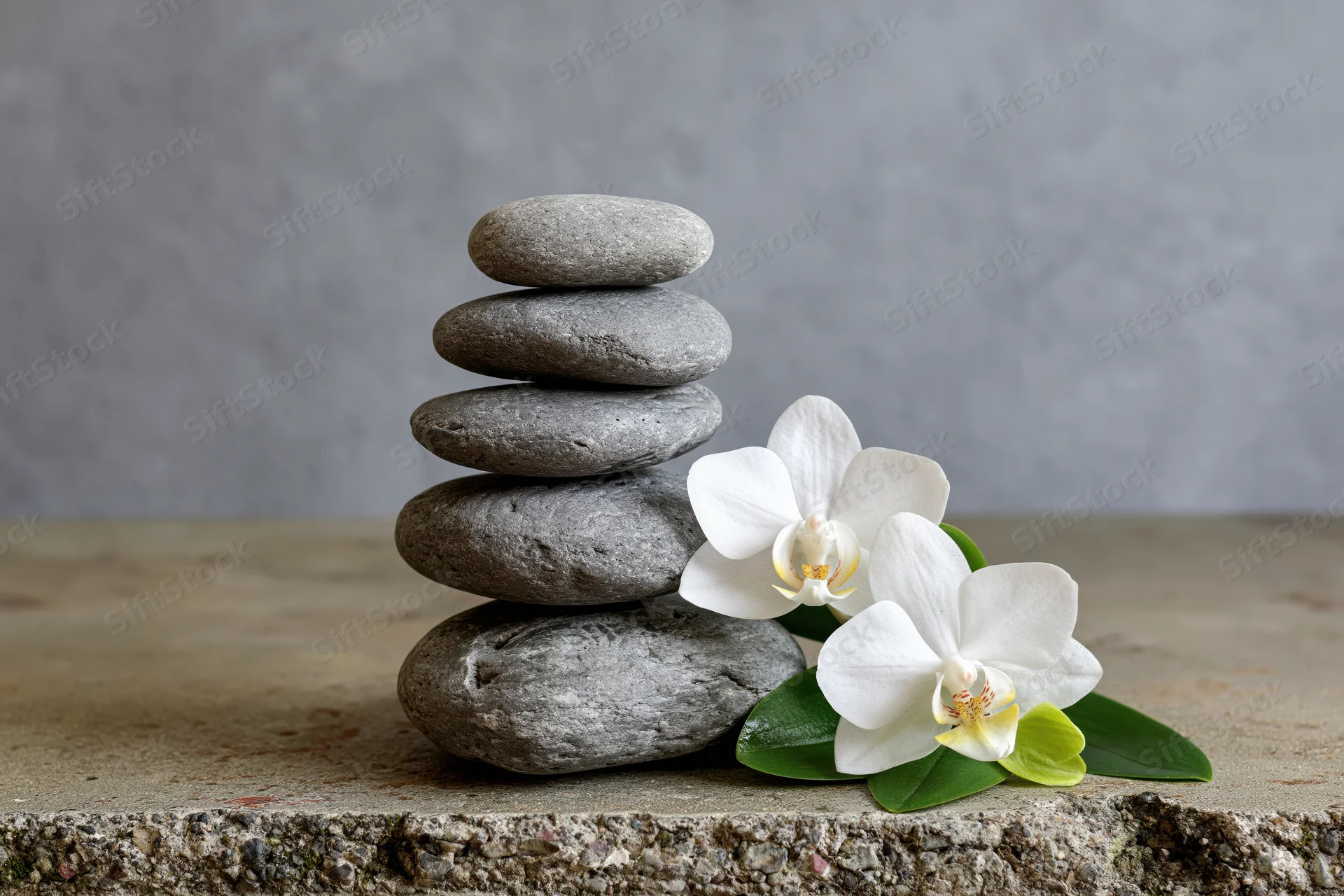 Stack of smooth grey zen stones balanced beside white orchid flowers on worn concrete surface