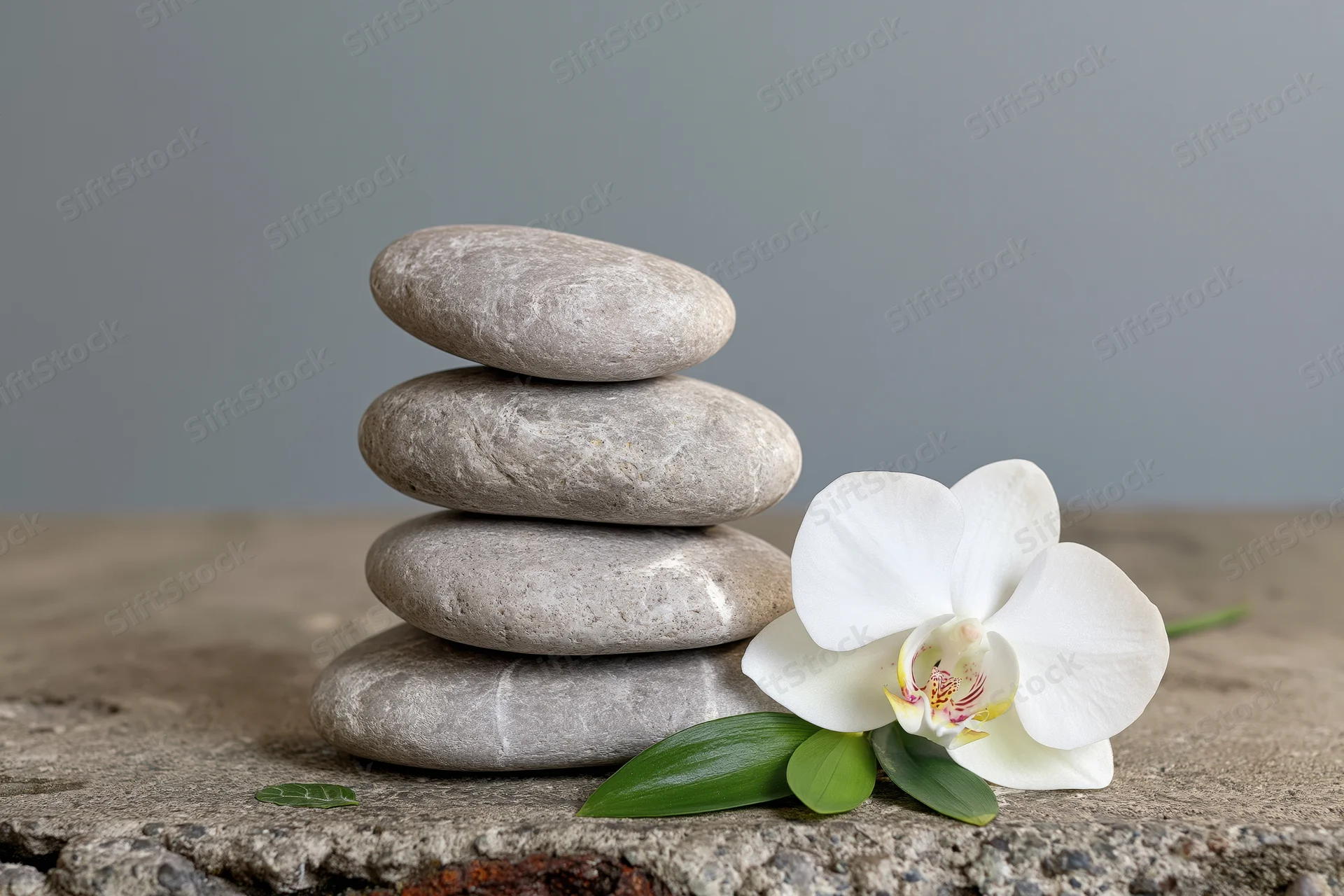 Stack of smooth grey zen stones balanced beside a white orchid on a worn concrete surface