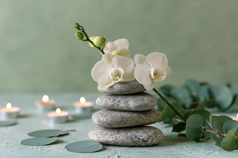 Stack of smooth grey stones with white orchid and eucalyptus leaves on textured surface, surrounded by lit candles