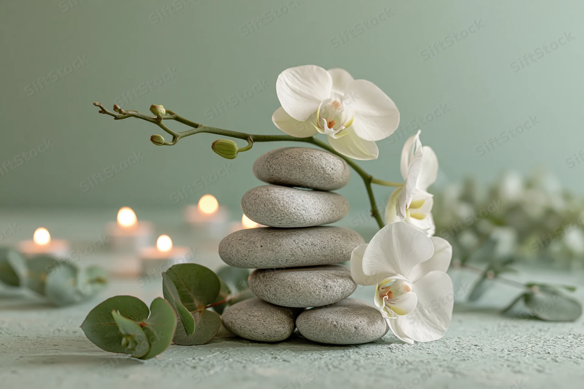 Stack of smooth grey zen stones with white phalaenopsis orchid and candles on a soft green surface