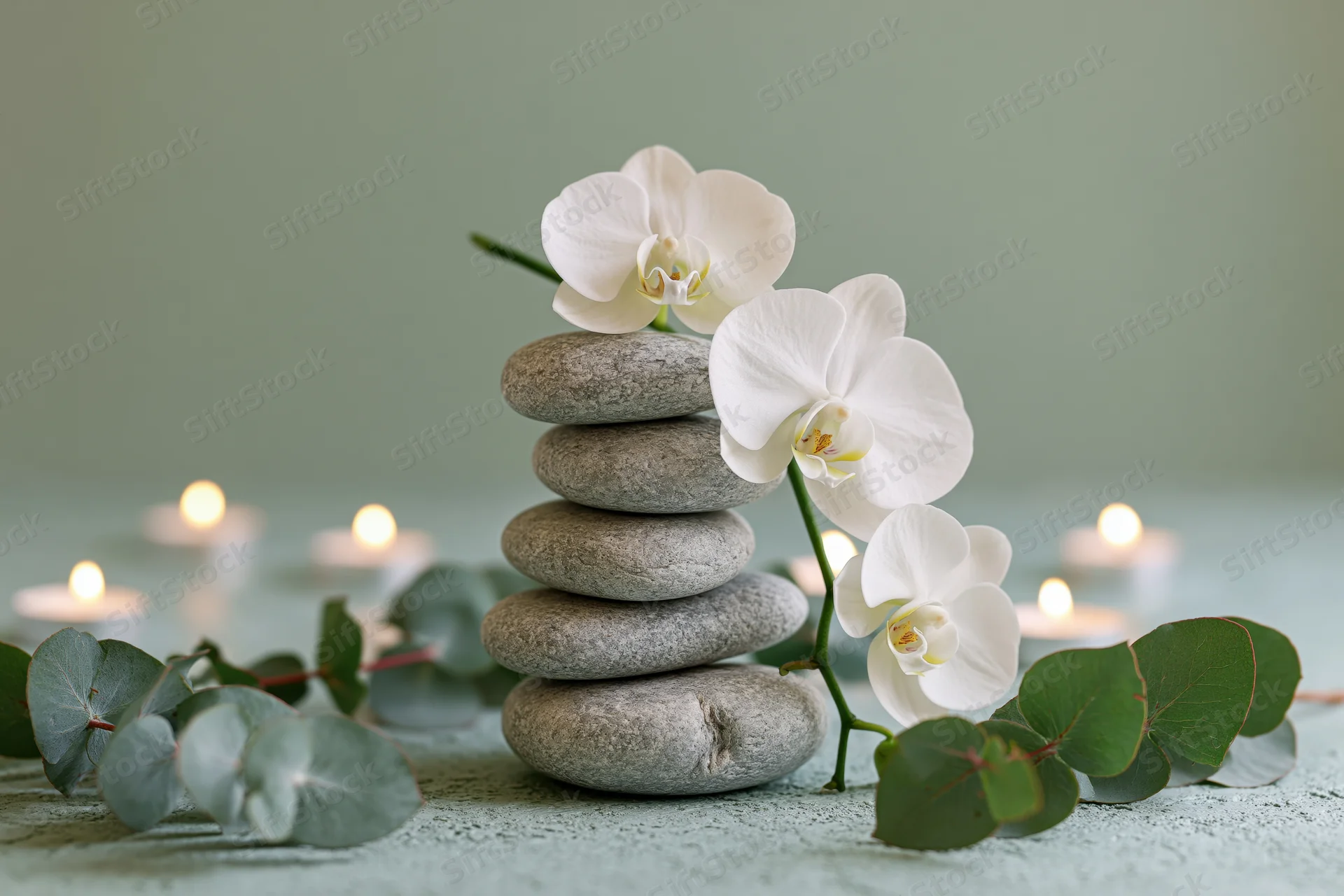 Stack of smooth grey zen stones with white phalaenopsis orchid and eucalyptus leaves surrounded by lit candles on a soft green surface