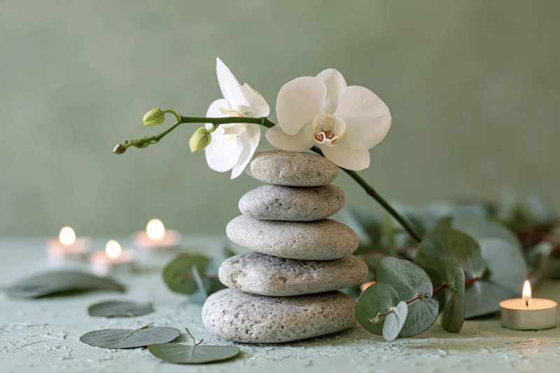 Stack of smooth grey zen stones with white phalaenopsis orchid and eucalyptus leaves on textured surface with candles
