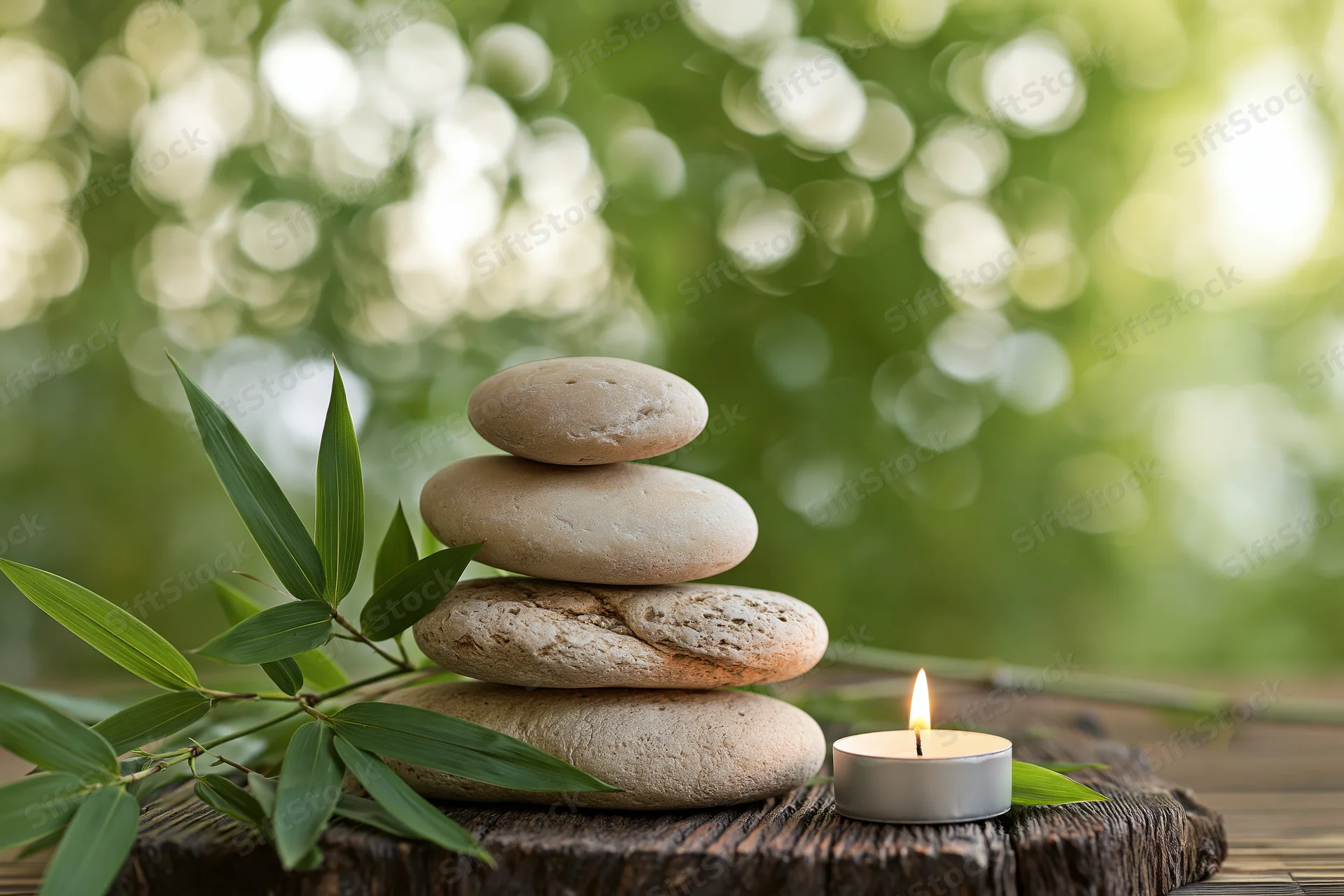 Stack of smooth stones balanced on wooden surface with bamboo leaves and lit candle beside it in natural setting
