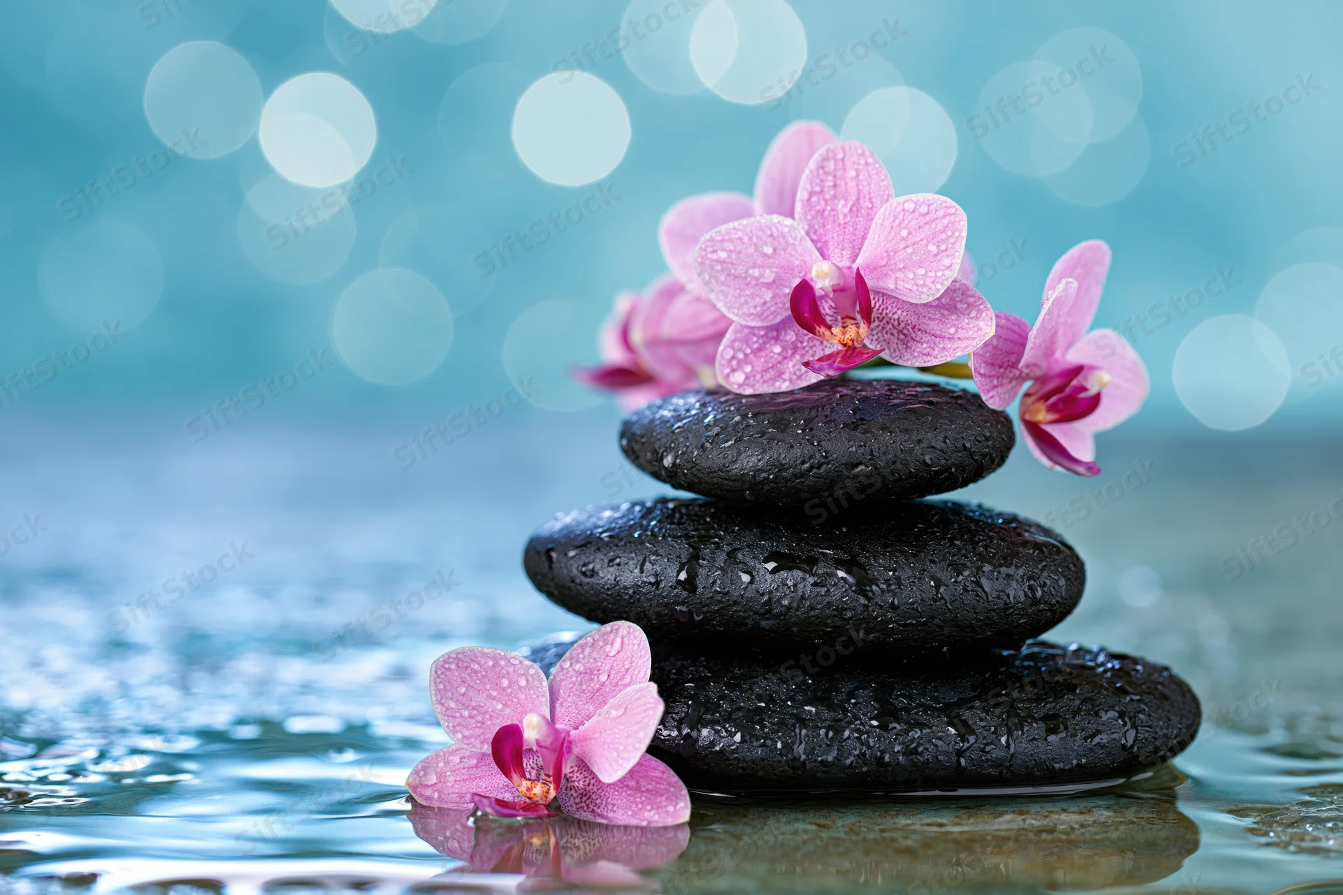 Stacked black basalt stones with pink orchids in water, surrounded by bokeh lights