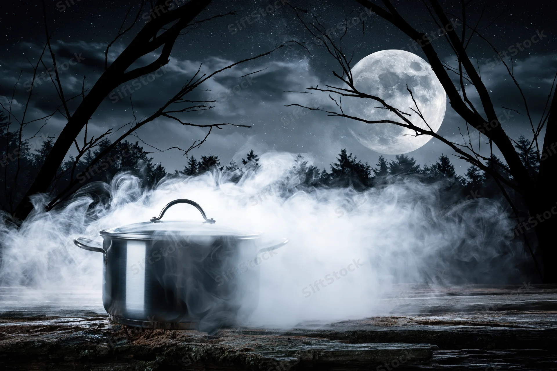 Stainless steel pot billowing steam on a forest floor under a full moon at night