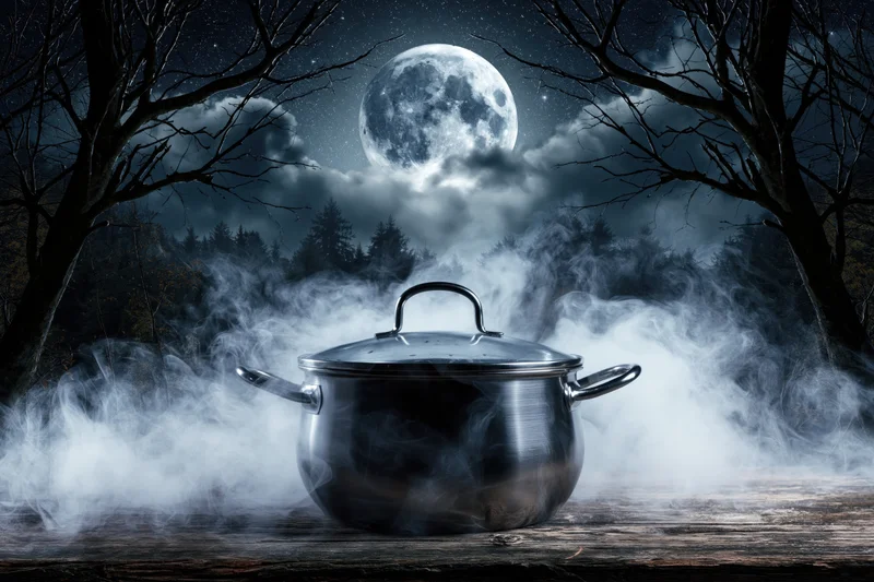 Stainless steel pot steaming on wooden table under full moon in dark forest