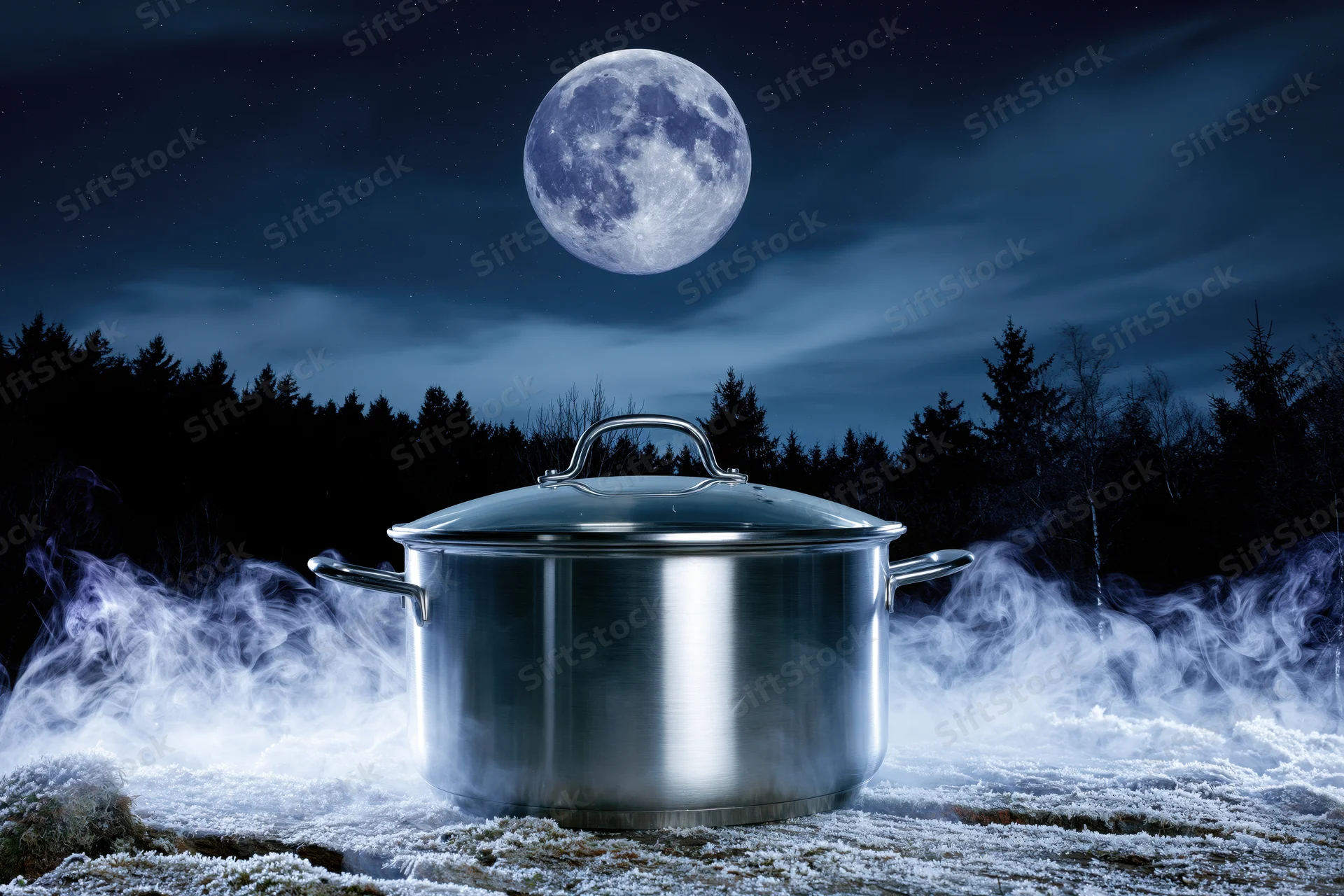 Stainless steel cooking pot with steam rising on frosty ground under full moon in forest at night