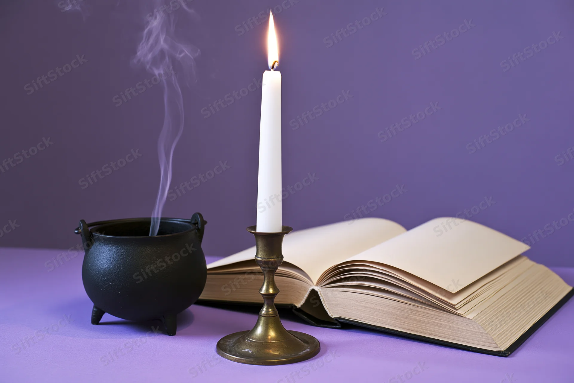 Lit white taper candle in brass holder beside open book and smoking cauldron on purple surface
