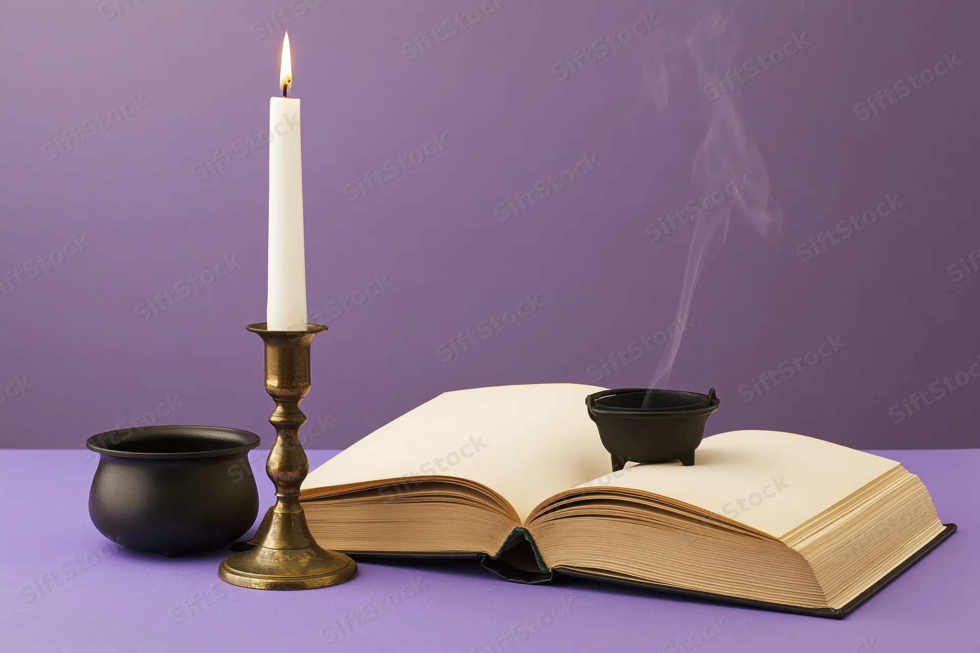Open book with lit candle and smoking cauldron on purple surface
