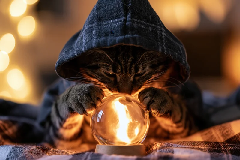Tabby cat in hooded cloak resting on plaid blanket with glowing crystal ball in foreground