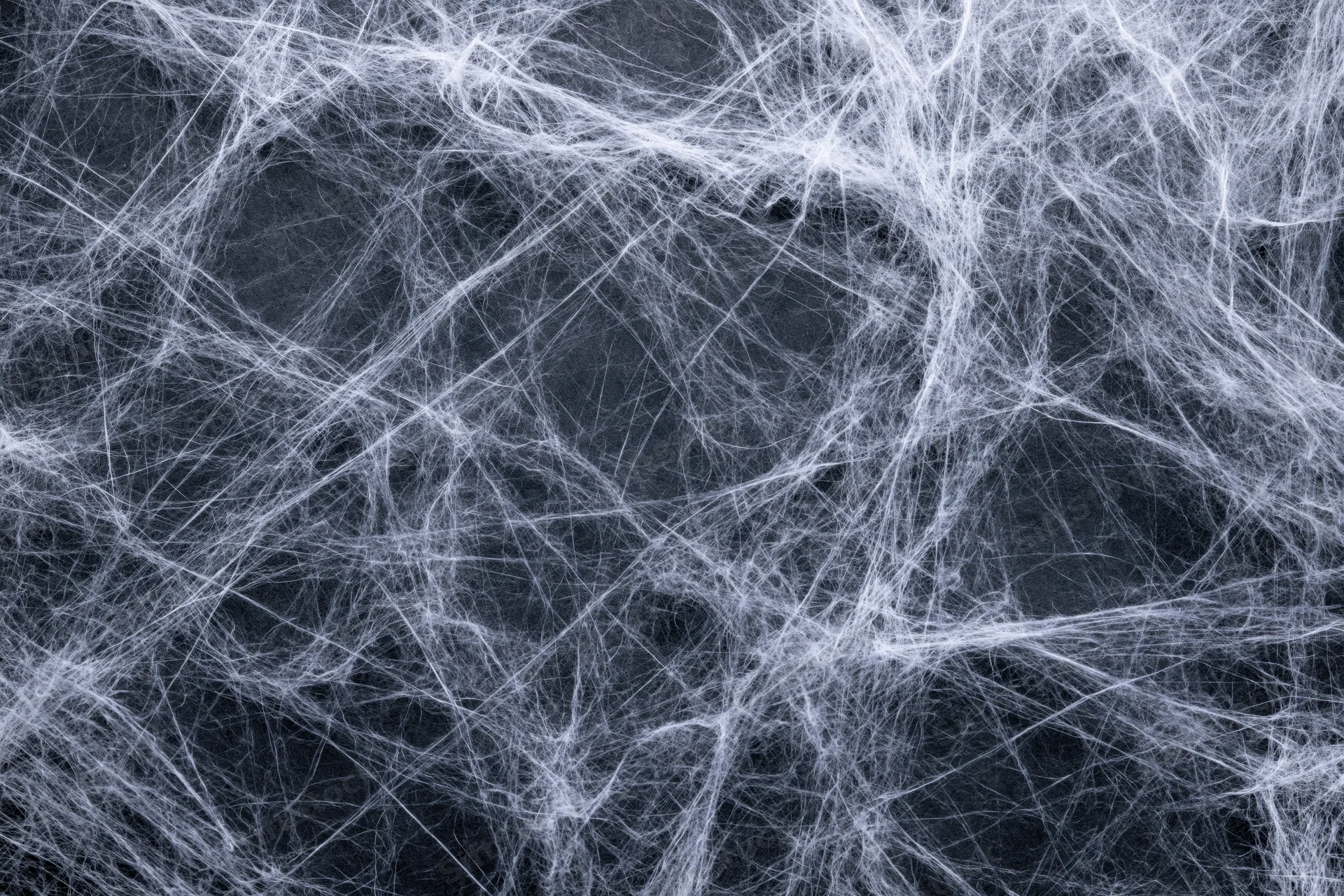 Tangled white spider webs stretched across a dark charcoal surface