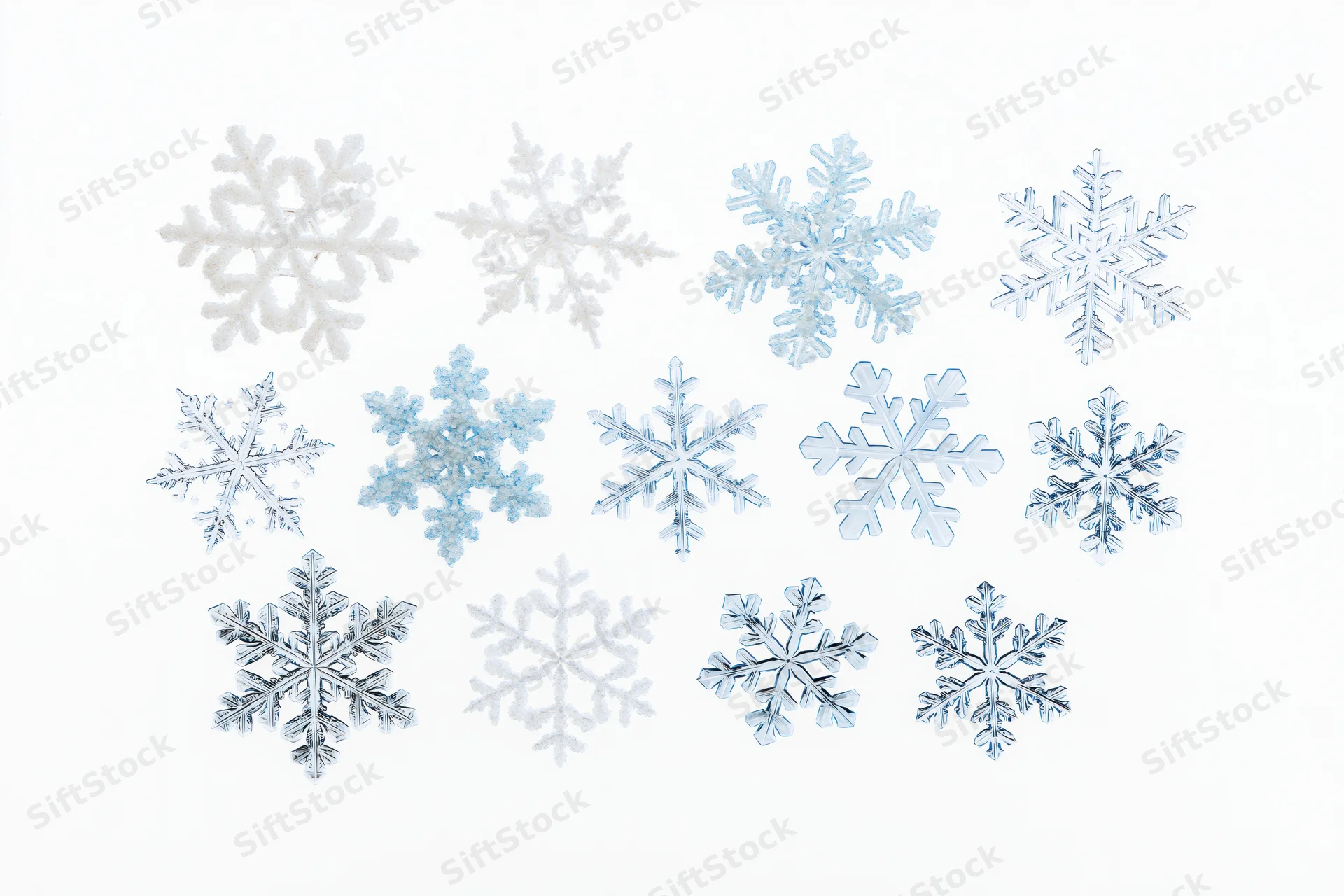 Snowflakes arranged in a loose grid on white background