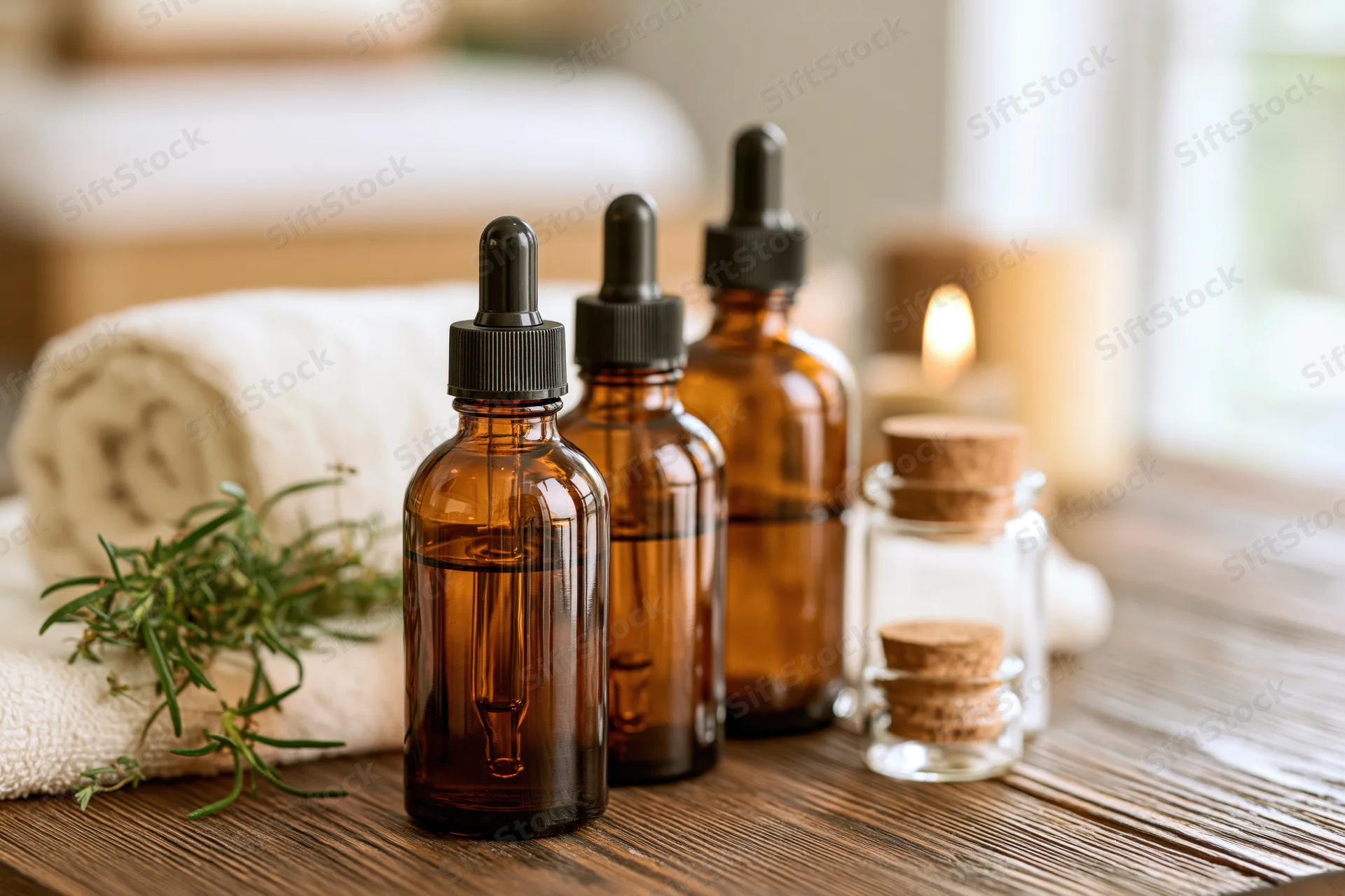 Amber glass dropper bottles with rosemary and candle on wooden table in spa setting