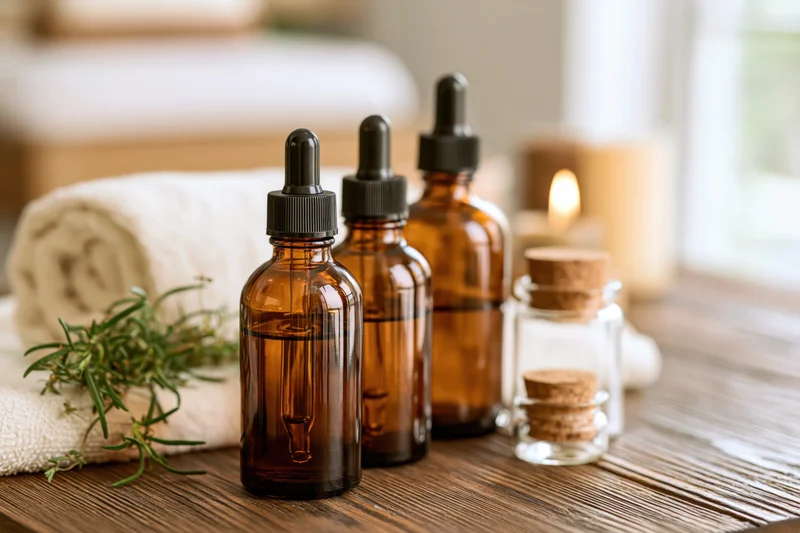 Amber glass dropper bottles with rosemary and candle on wooden table in spa setting