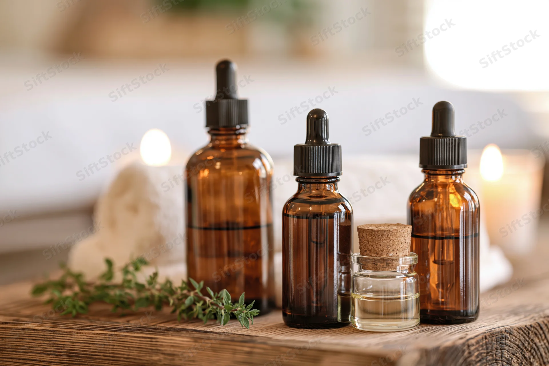 Amber glass dropper bottles and a small cork-stoppered jar arranged on a wooden tray with herbs and candles in a cozy spa setting