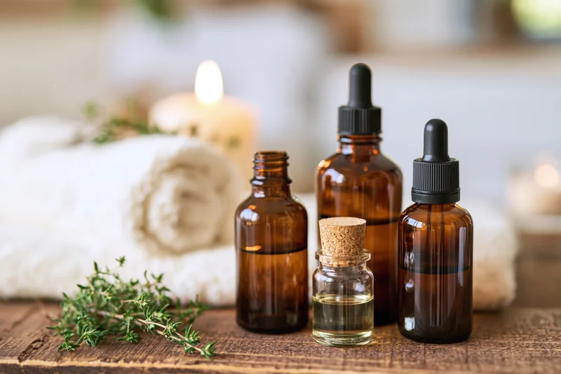 Amber glass bottles with droppers and a small cork-stoppered bottle arranged on a wooden table beside a sprig of thyme, lit candle, and white towel