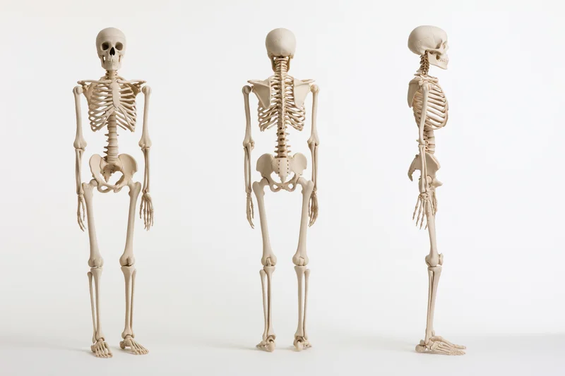 Three anatomical human skeleton models displayed in front of white background in different orientations