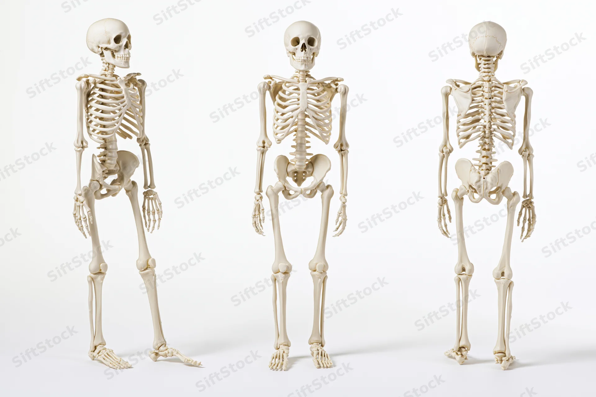 Three anatomical human skeleton models standing in alignment on a white background