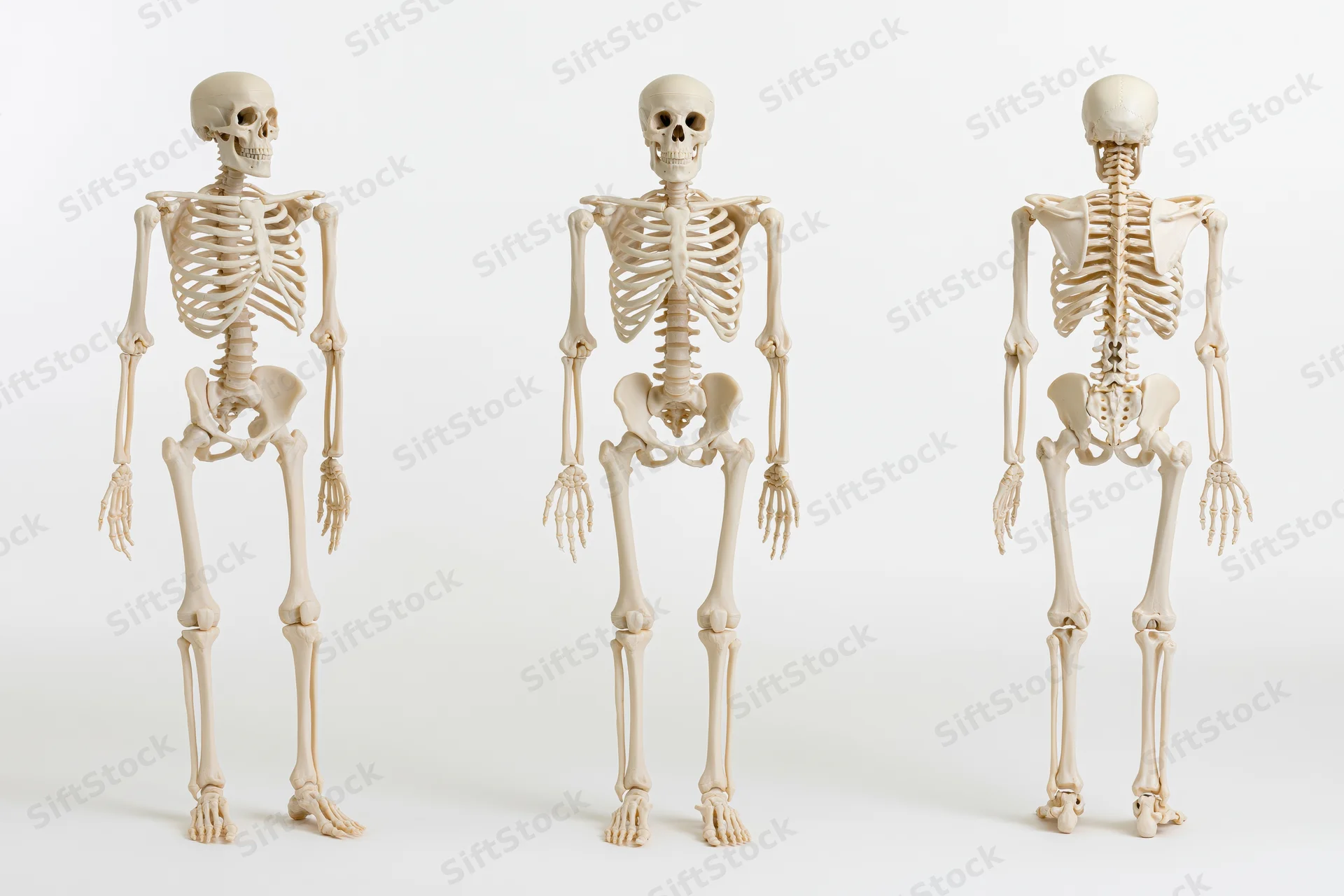 Three anatomical human skeleton models standing in a row on a white background