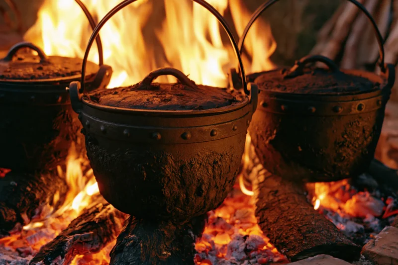 Three blackened cast-iron potjie pots with lids cooking over an open campfire