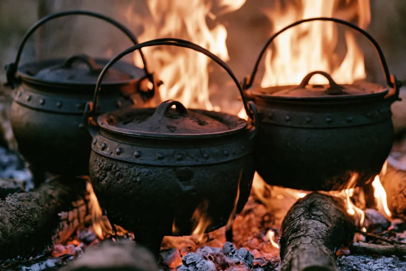 Three castiron potjie pots with lids over an open campfire in a rustic outdoor setting