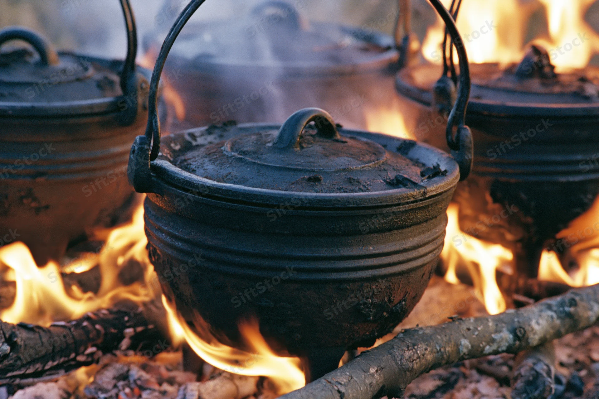 Three blackened cast iron potjie pots with lids cooking over an open campfire