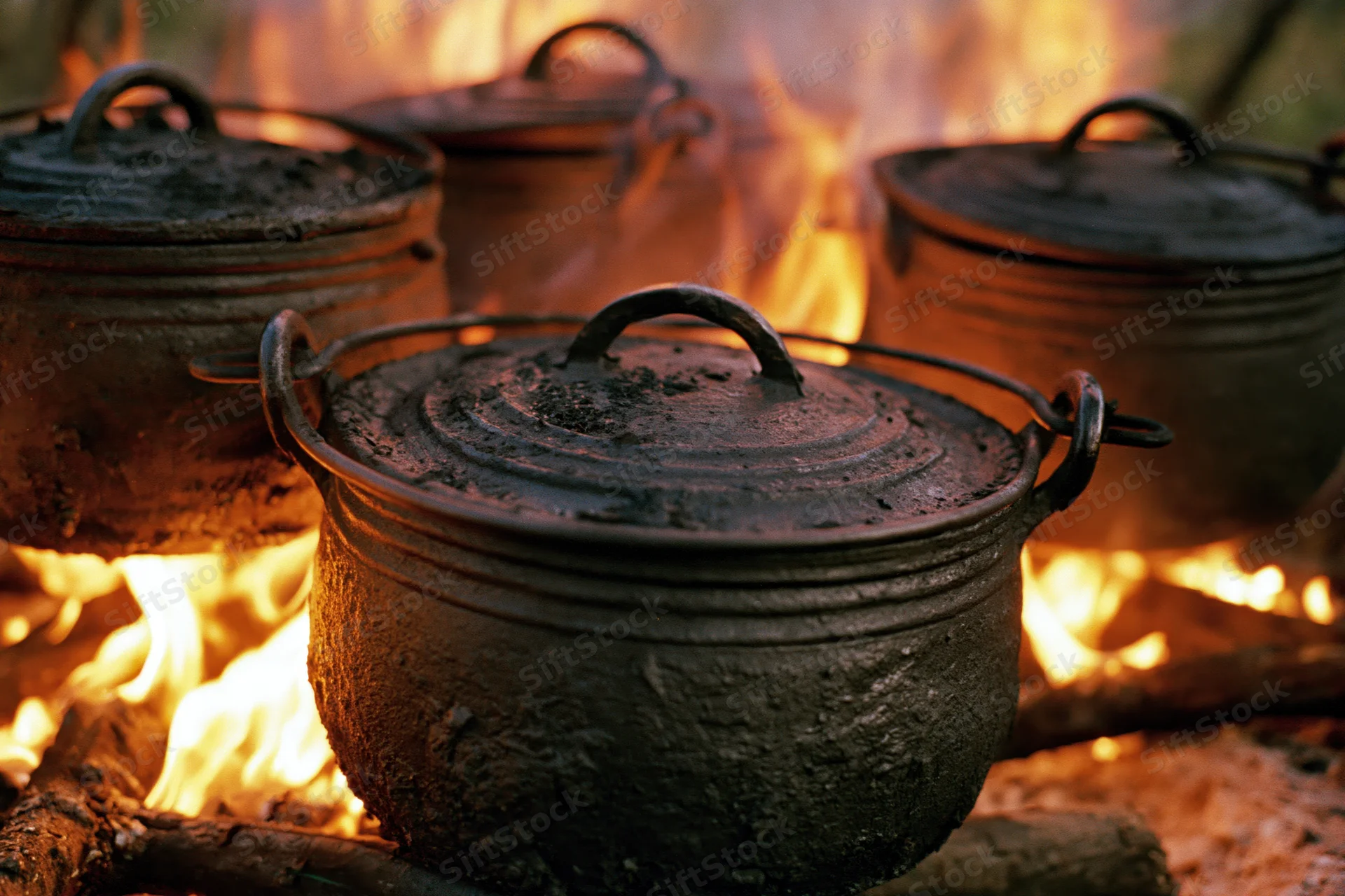 Blackened cast iron potjie pots with lids cooking over an open campfire