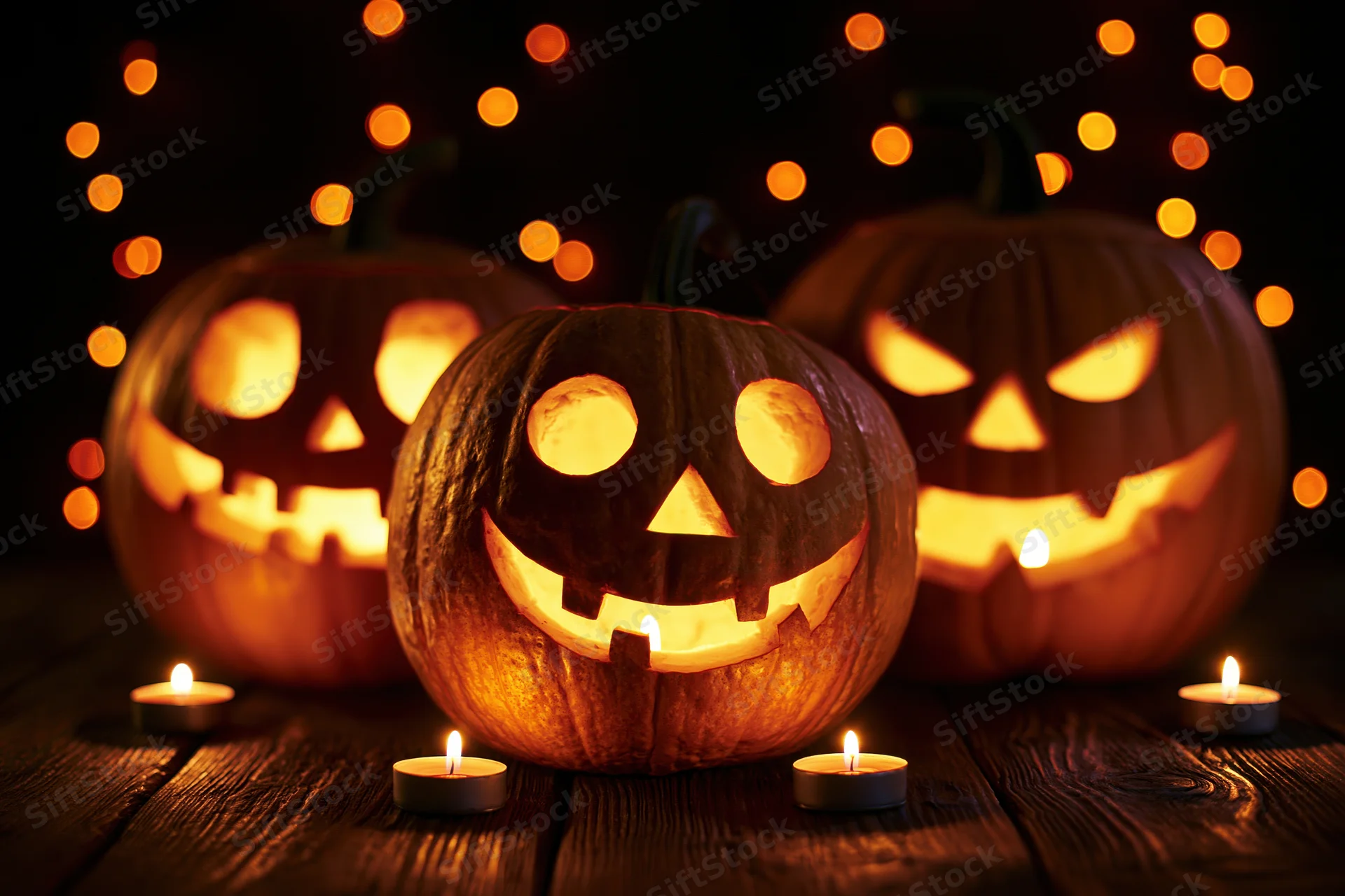 Three carved jack-o-lanterns glowing with candles on a wooden table at night