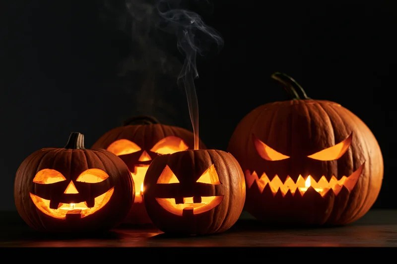Four carved pumpkins glowing with candles on a dark table at night