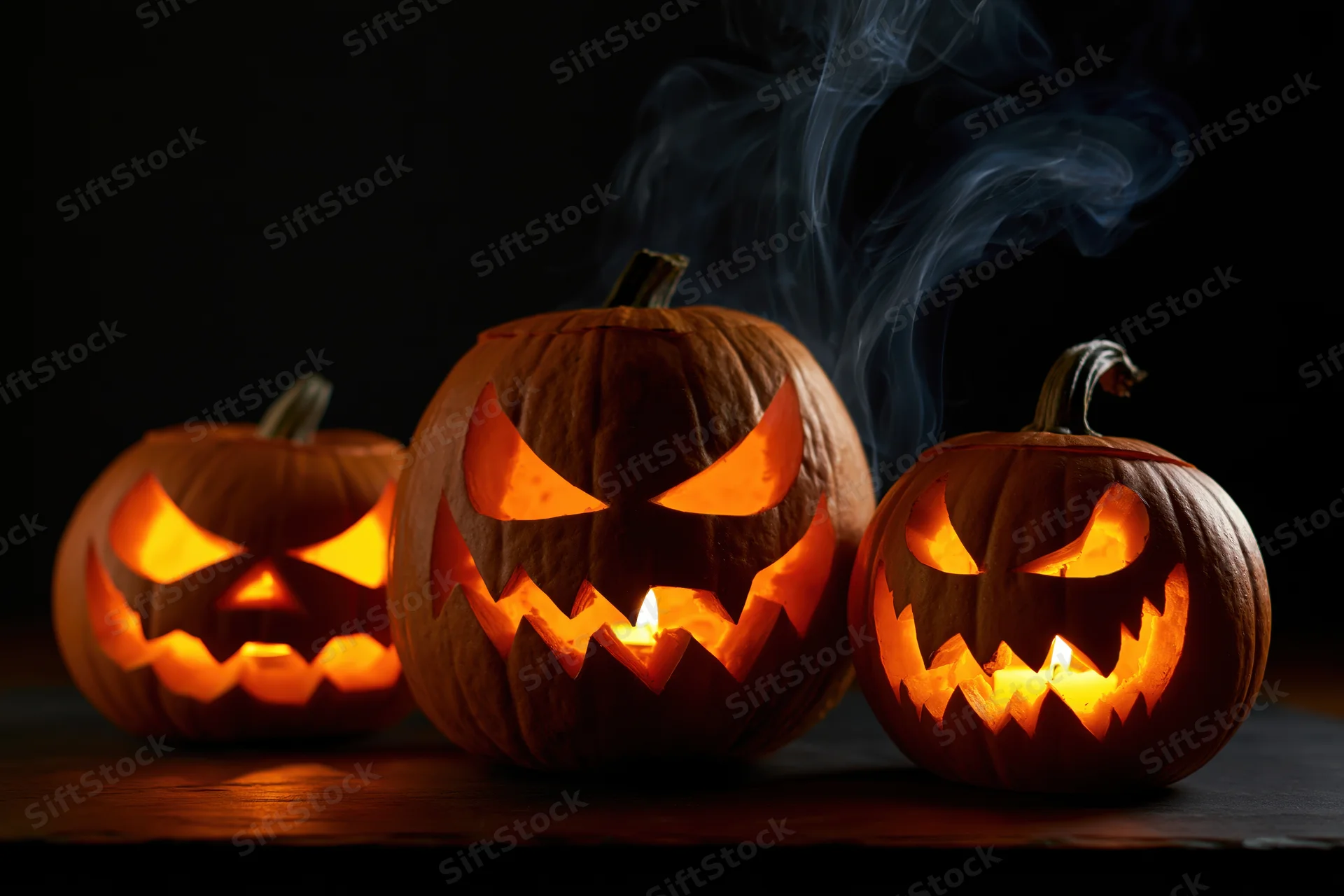 Three carved jack-o-lanterns glowing with candles on a dark wooden surface, emitting smoke
