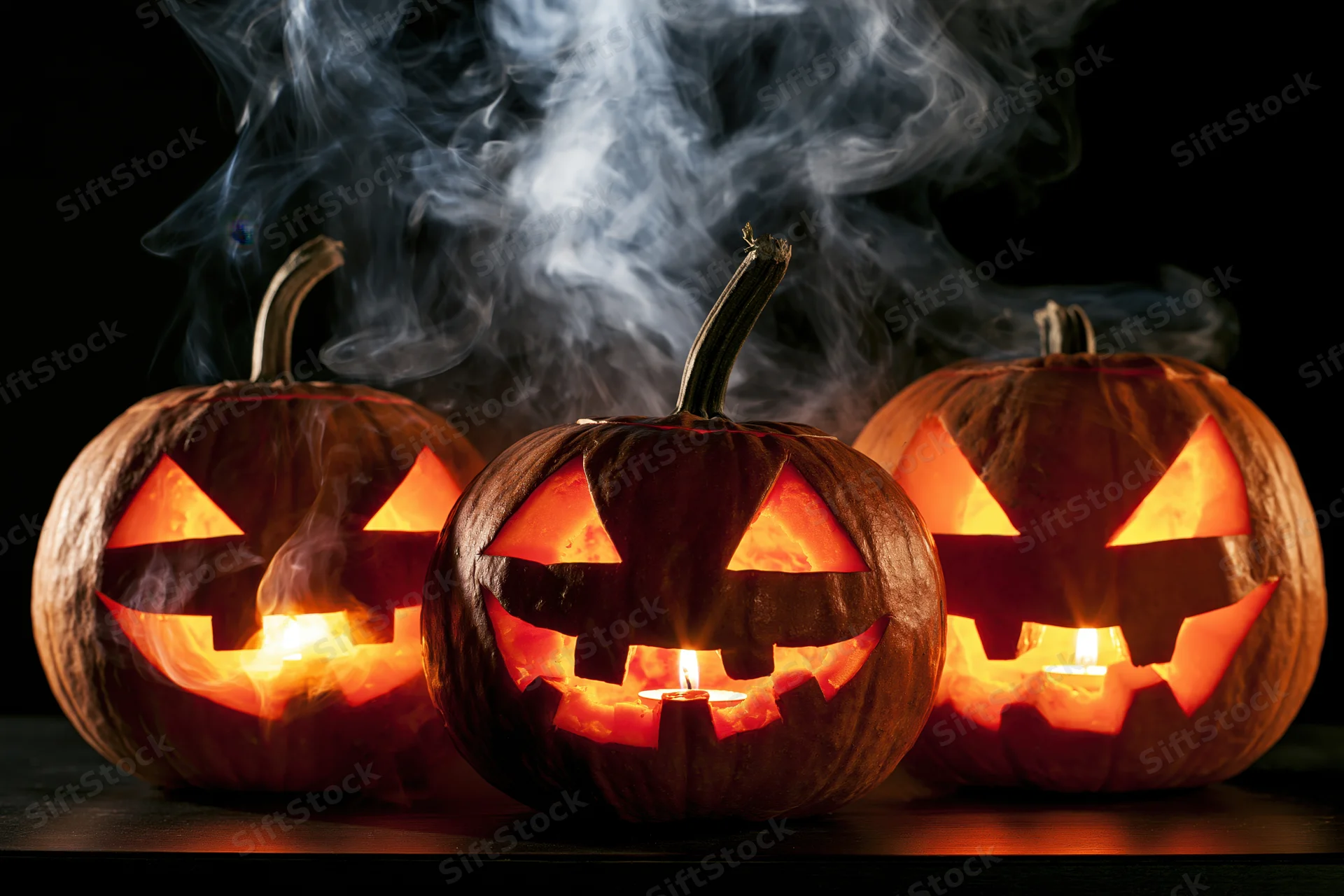 Three carved pumpkins glowing with candles and smoke on a dark surface