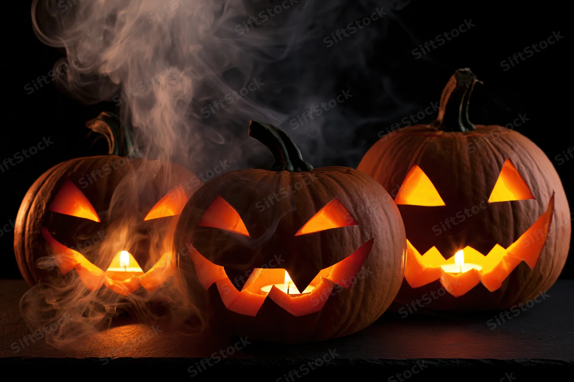 Three carved pumpkins glowing with candles and smoke on a dark table