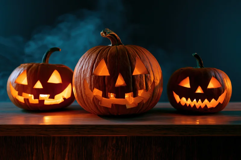 Three carved jack-o-lanterns glowing on a wooden table at night with smoke in the background
