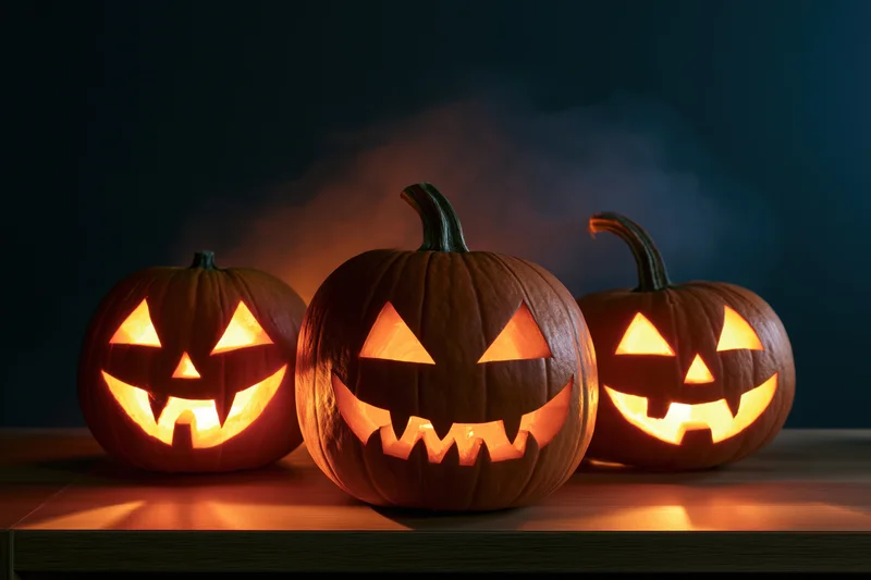 Three carved pumpkins glowing with light on a wooden table at night