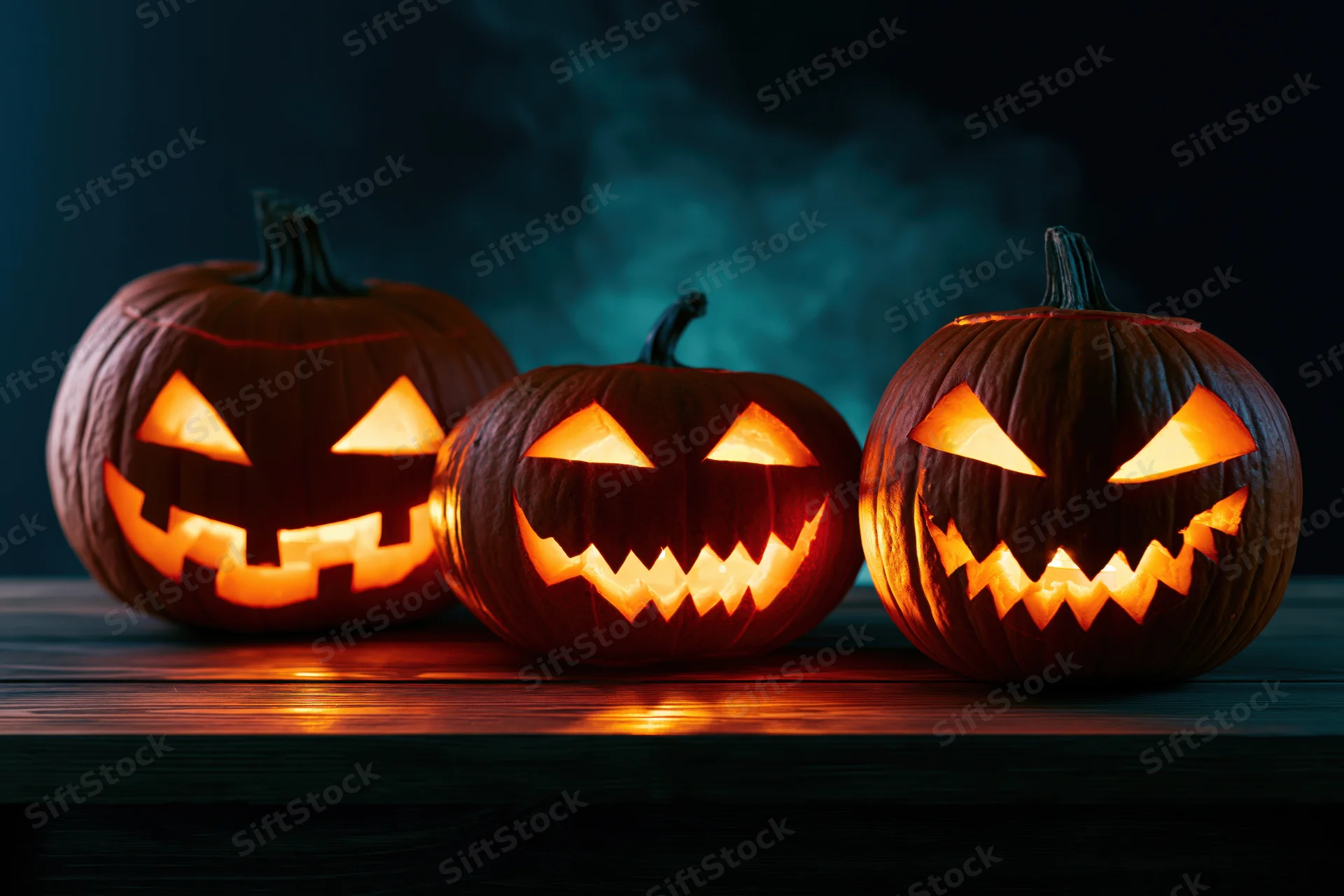 Three carved jack-o-lanterns glowing on a wooden table at night