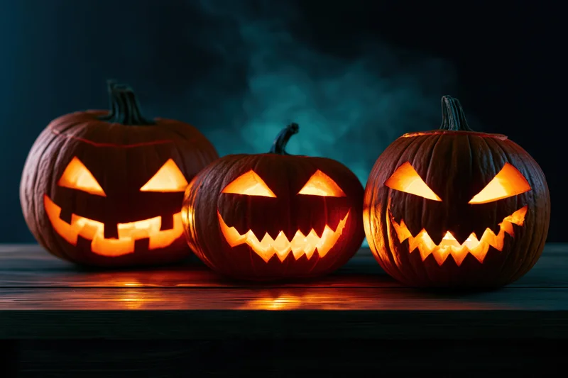 Three carved jack-o-lanterns glowing on a wooden table at night