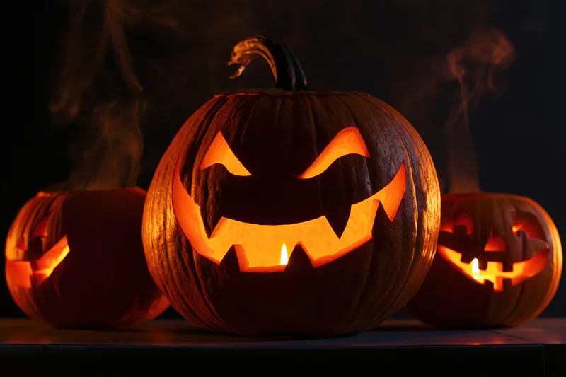 Three carved jack-o-lanterns glowing with candles on a dark surface, emitting smoke