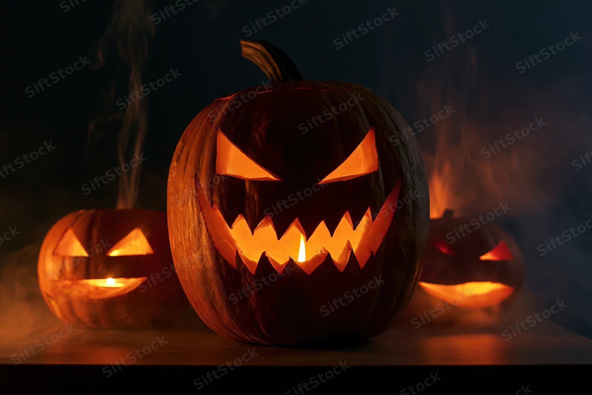 Three carved pumpkins glowing with candles on a dark surface at night