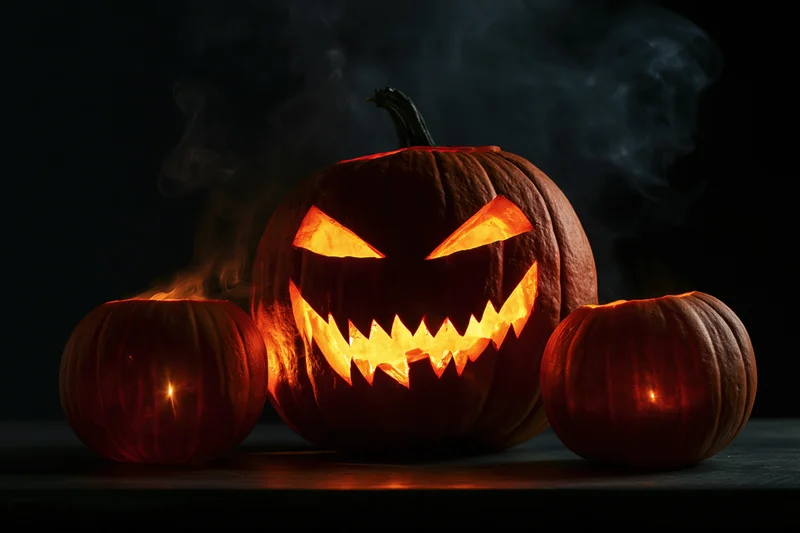 Three carved jack-o-lanterns glowing with candles on a dark surface at night