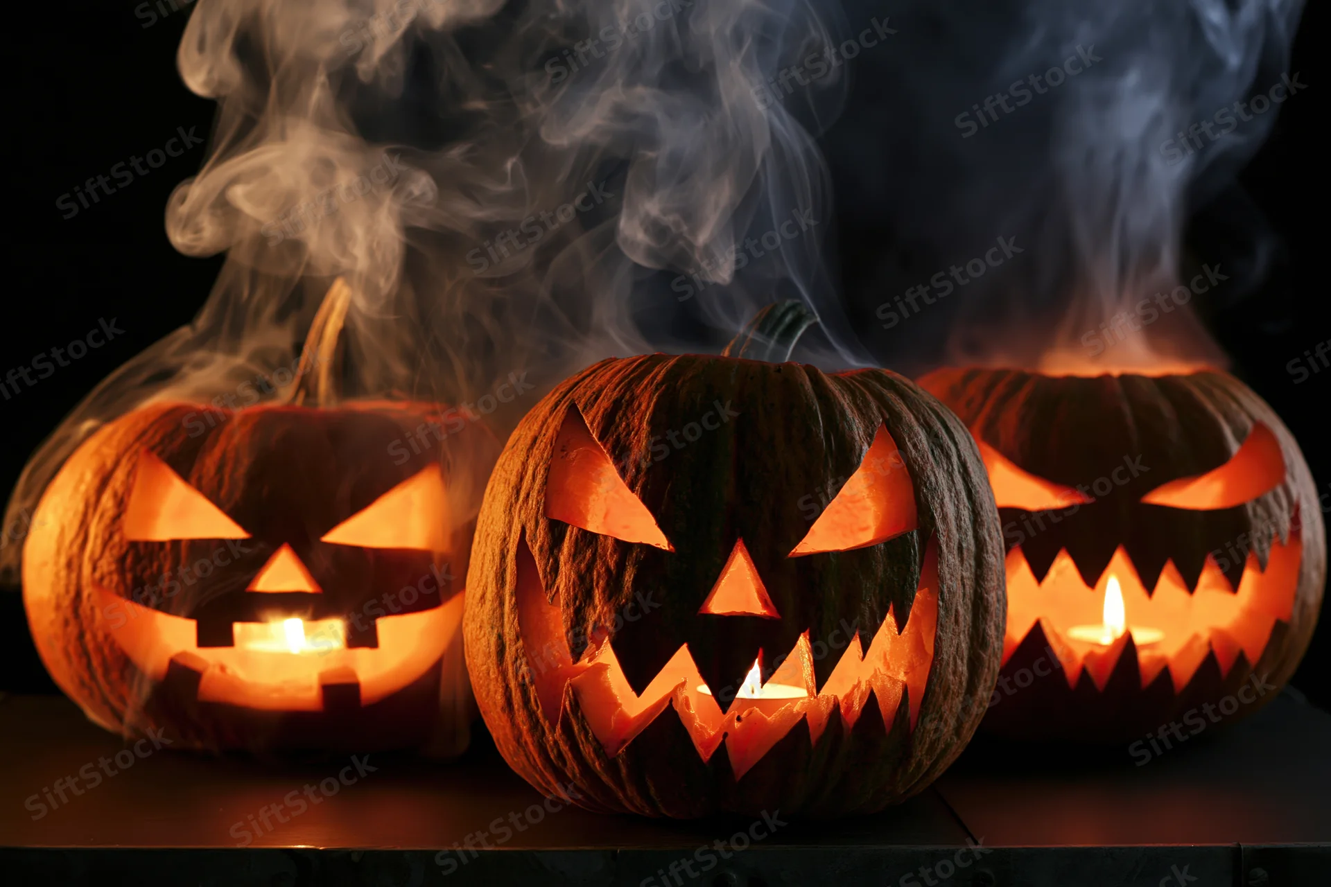 Three carved jack-o-lanterns glowing with candles and emitting smoke on a dark surface