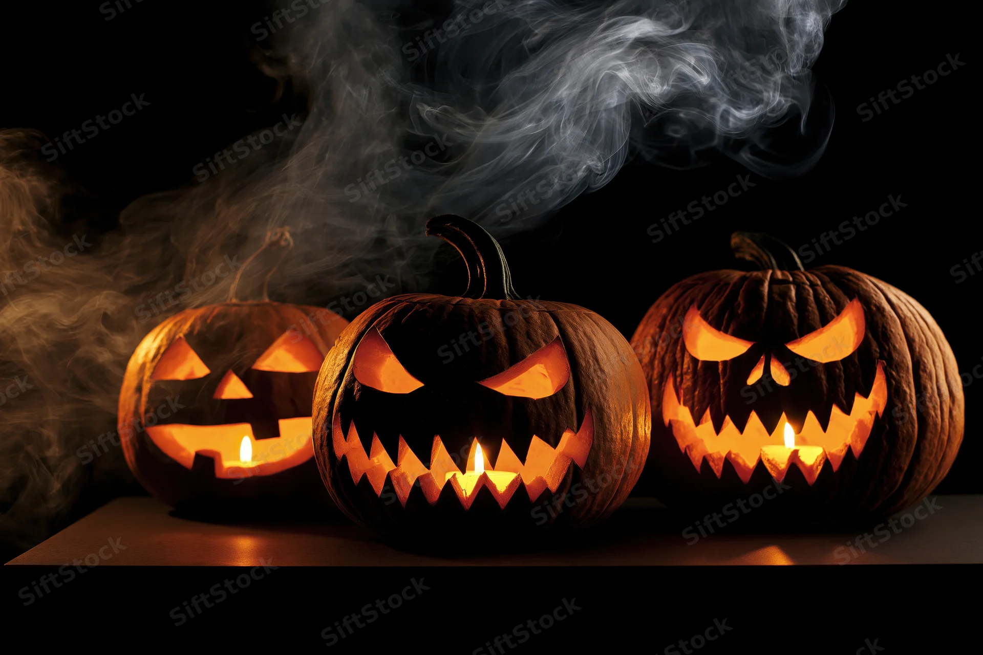 Three carved jack-o-lanterns glowing with candles and smoke on a dark surface