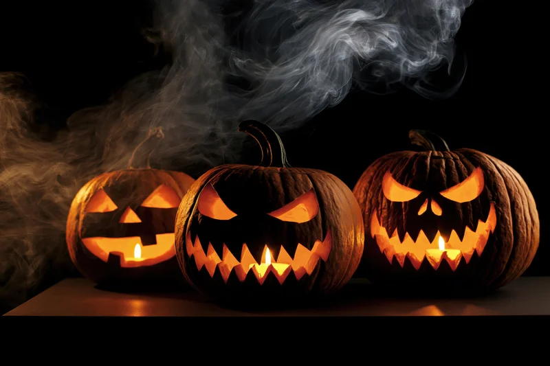 Three carved jack-o-lanterns glowing with candles and smoke on a dark surface