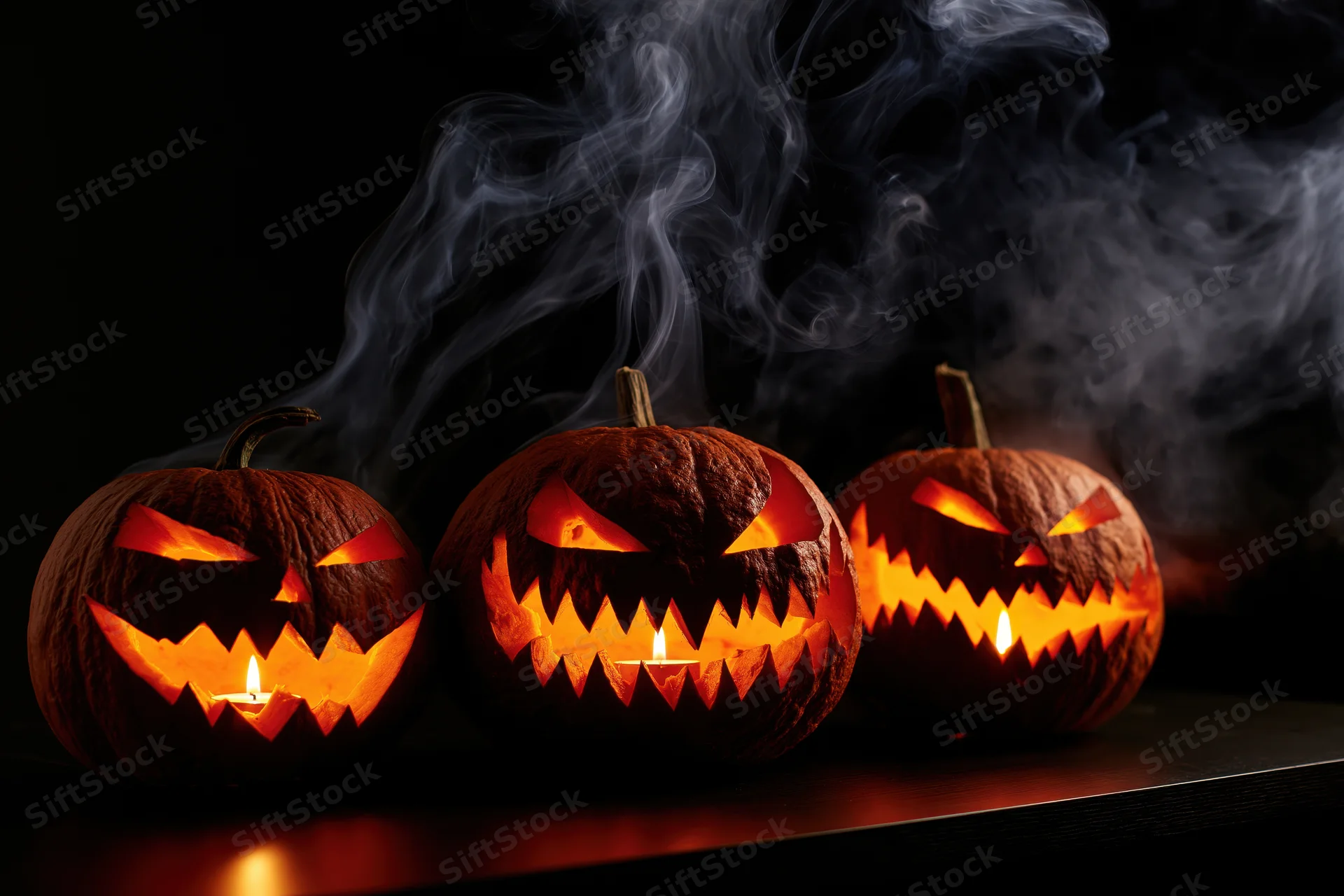Three carved jack-o-lanterns glowing with candles and smoke on a dark surface