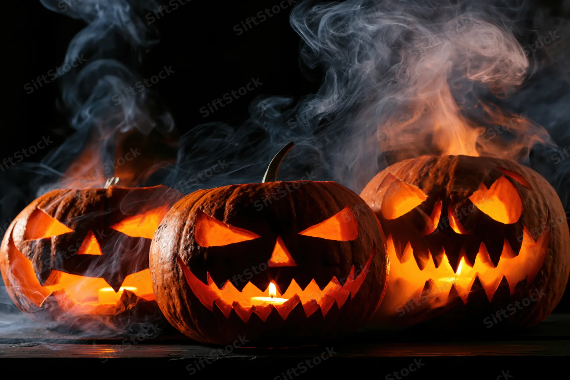 Three carved jack-o-lanterns glowing with candles and smoke on a dark surface