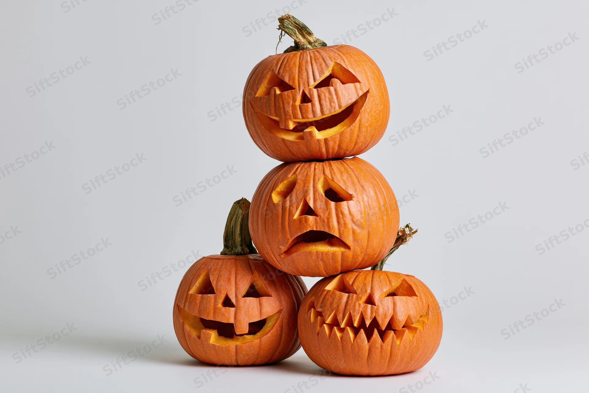 Four carved pumpkins stacked in a pyramid on a white surface