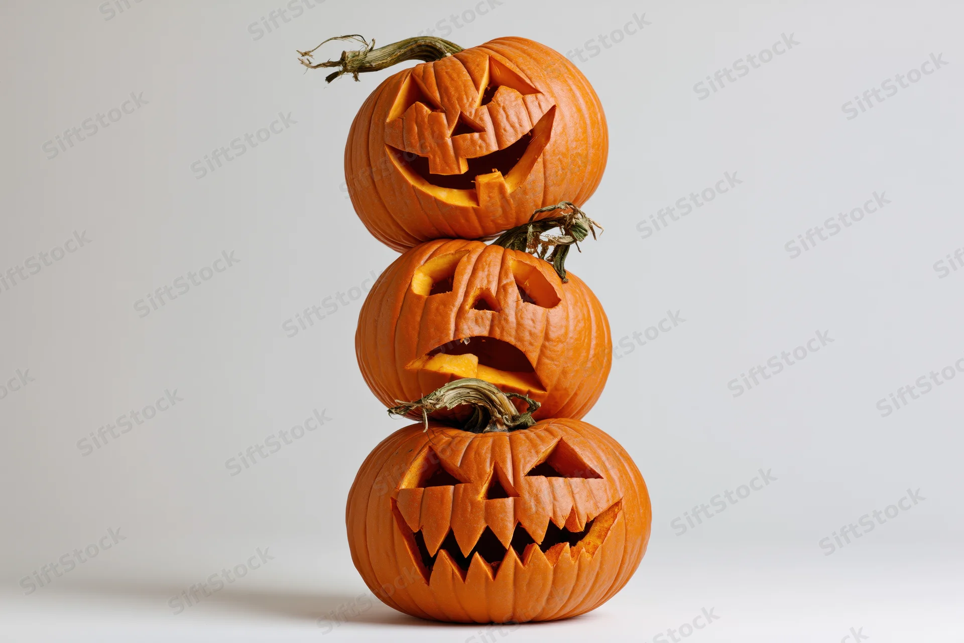 Three carved jack-o-lanterns stacked in a pyramid on a white background